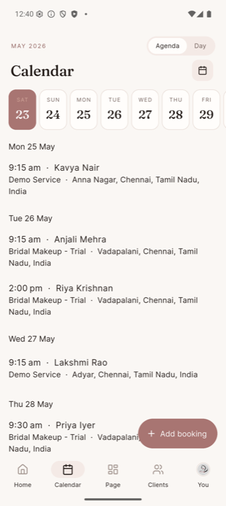 Artist calendar — agenda view with multiple bookings