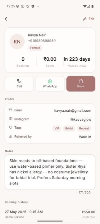 Client detail with tags, allergies, notes