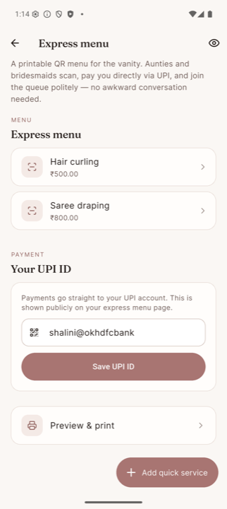 Express menu screen — quick-service list with UPI VPA