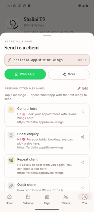 Share-to-WhatsApp bottom sheet with editable message templates