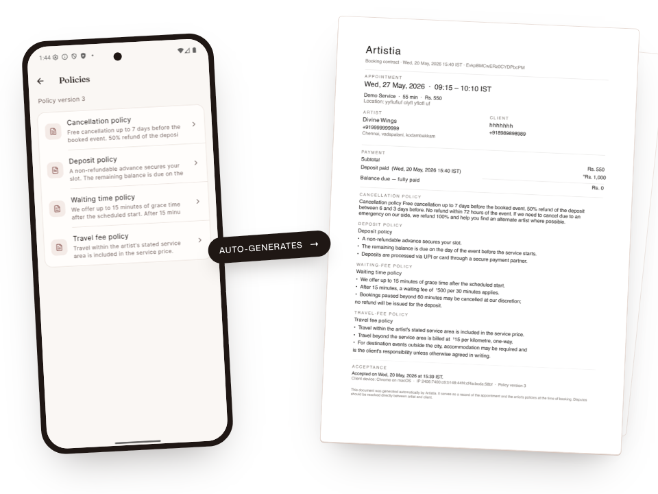 Phone showing four editable policies + the auto-generated PDF contract for a booking