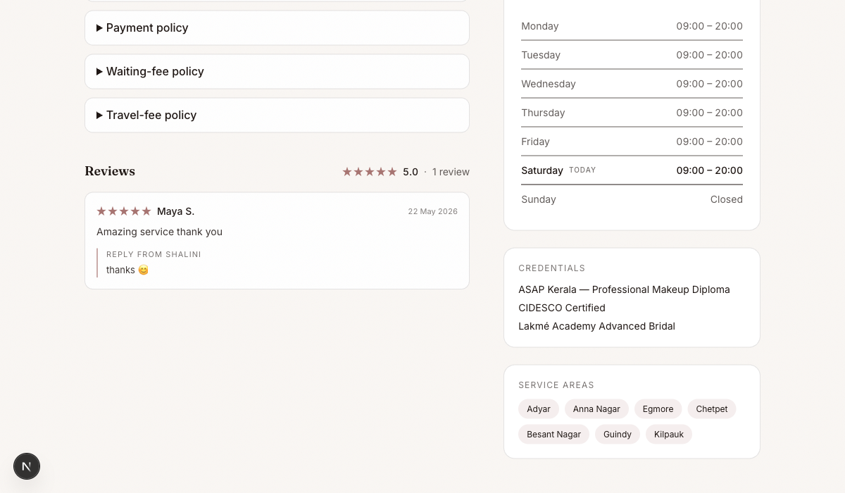 Reviews section on the artist's public page with star rating and artist reply
